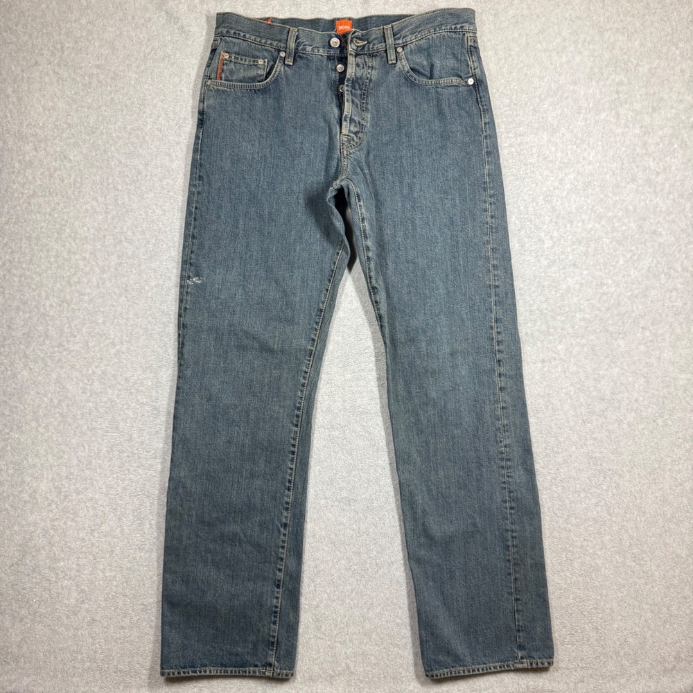 Hugo Boss HB1 Mens 34x34 Straight Leg Blue Denim Jeans Button Fly Orange Label - Picture 2 of 15
